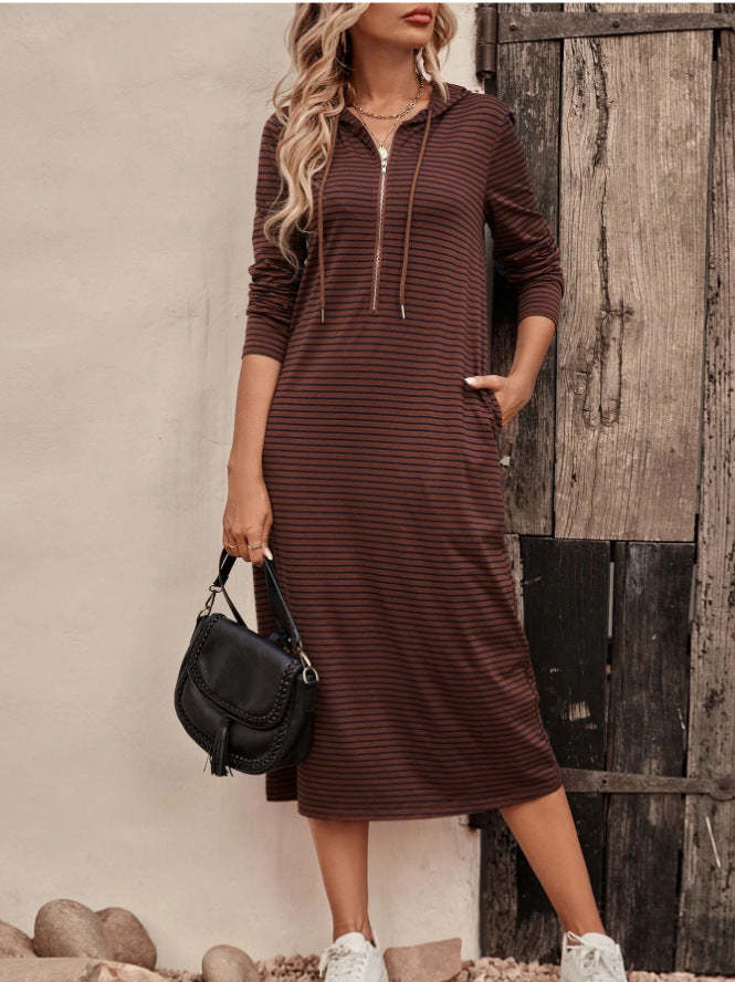 Striped hooded slim long sleeve dress