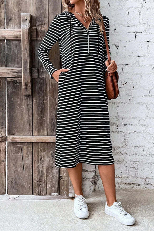 Striped hooded slim long sleeve dress