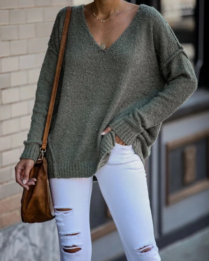 Plain V Neck Knitted Casual Sweater
