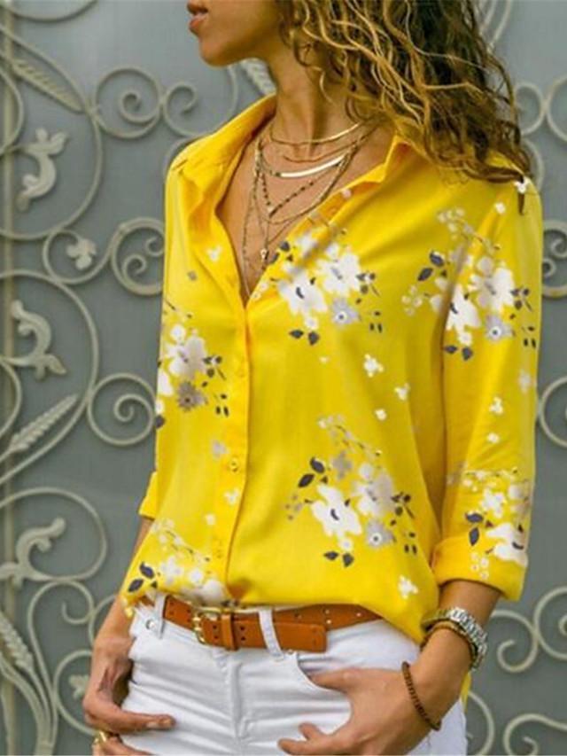 Women's Blouse Shirt Leopard Floral Flower Long Sleeve Print Shirt Collar Tops Casual Basic Top Leopard White Yellow / Work-826