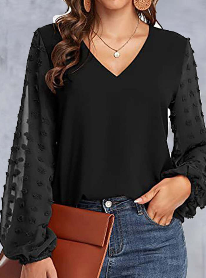 V-Neck Paneled Casual Long-Sleeve Blouse