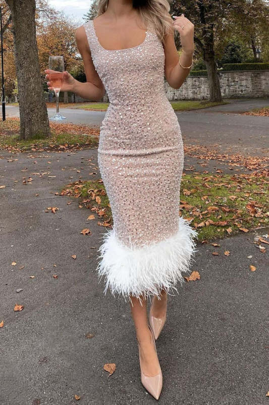 Pearl Vest Feather Patchwork Sequin Bodycon Dress