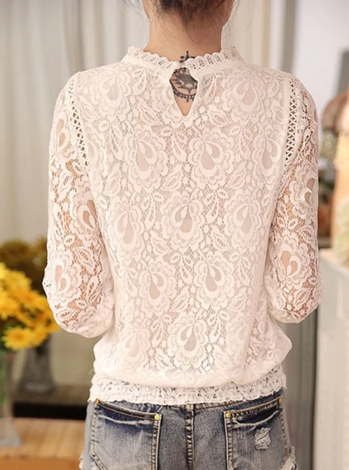 Band Collar Embroidered Lace Blouses