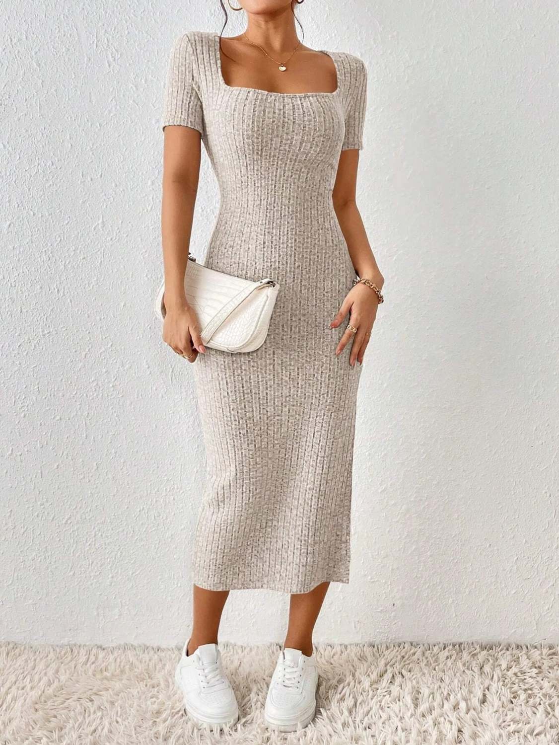 Knit Asymmetrical Short-Sleeve Side Slit Dress main image 0