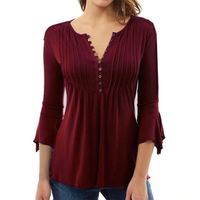Women Elegant Ruffles Tops Plus Size Flare Sleeve Solid Casual Loose Shirt Blouse
