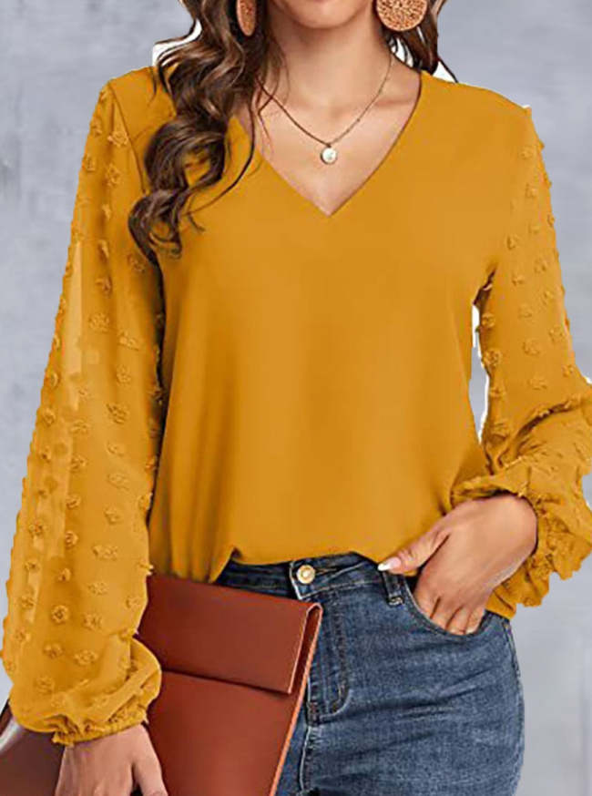 V-Neck Paneled Casual Long-Sleeve Blouse
