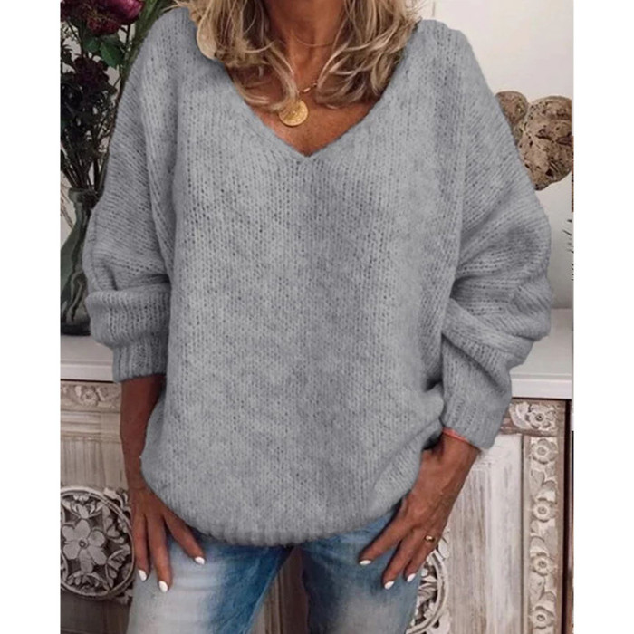 Plain V Neck Knitted Casual Sweater