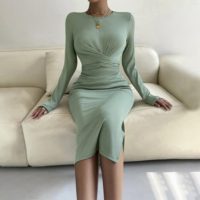 Solid Color Long Sleeve Elegant Slim Fit Hollow Backless Two-way Wear Dress main image 1