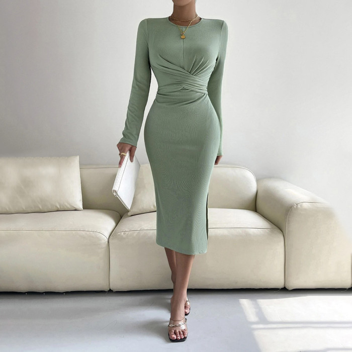 Women's Elegant Slim Fit Round Neck Long Sleeve Midi Dress
