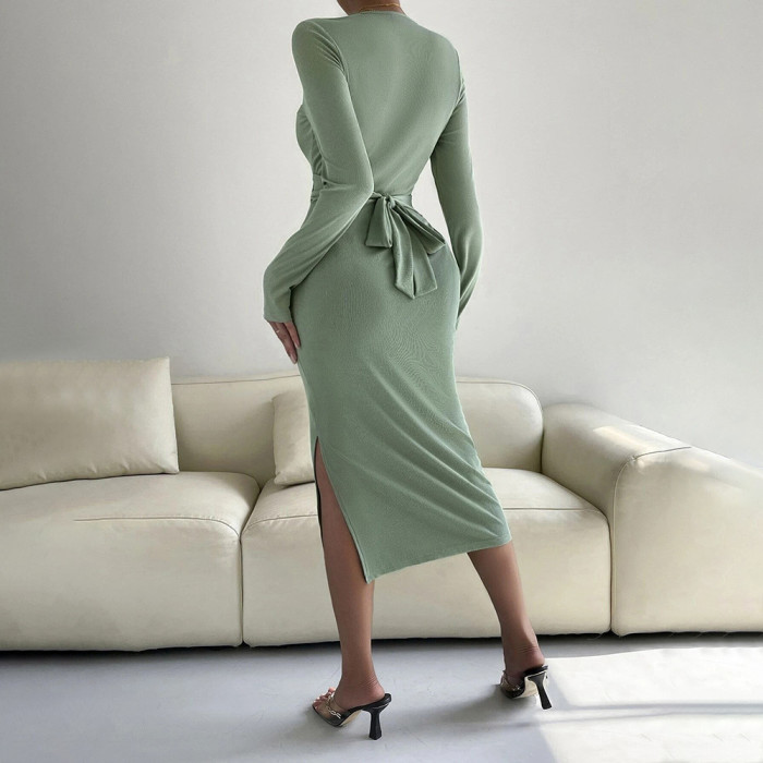 Women's Elegant Slim Fit Round Neck Long Sleeve Midi Dress