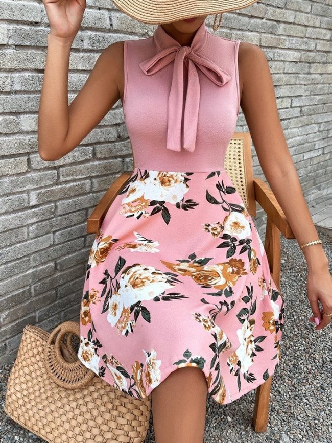 New Printed Short Skirt Bow Tie Dress