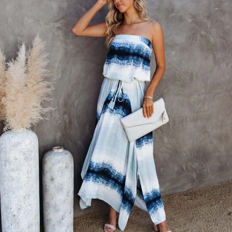 Spring and Summer New Tie Dyed Deep V Sling Dress
