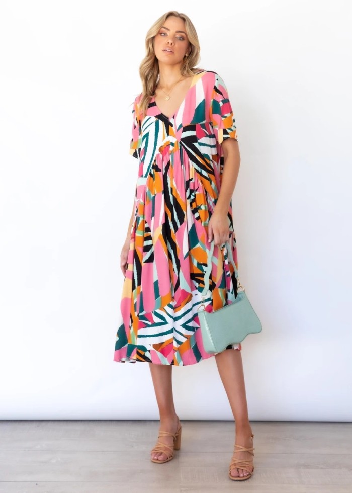 Loose V Neck Printed Short Sleeve Dress