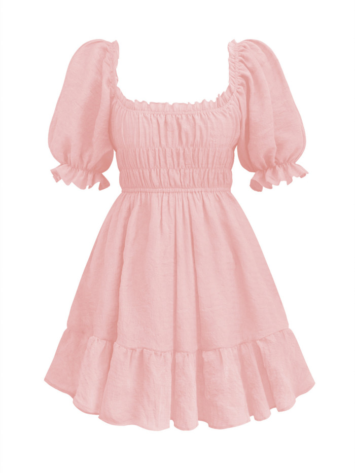 Square Collar Folding Lantern Short Sleeve Dress Summer Princess Dress Black Dresses