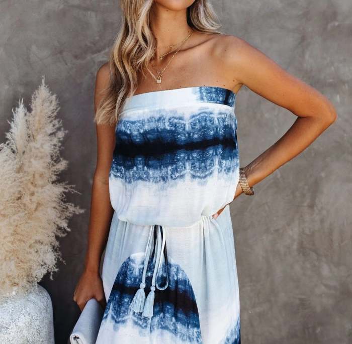 Spring and Summer New Tie Dyed Deep V Sling Dress