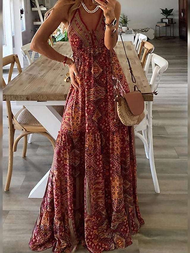 Women's Strap Dress Maxi Long Dress Red Fuchsia Green Sleeveless Print Summer V Neck Elegant Sexy