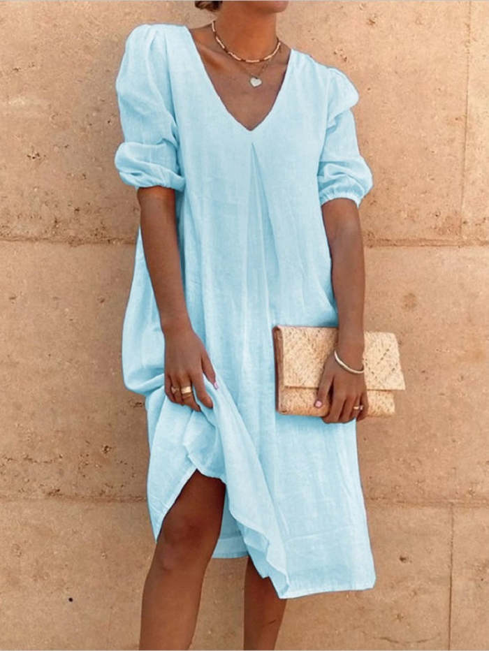 V-neck Casual Linen Shift Dress