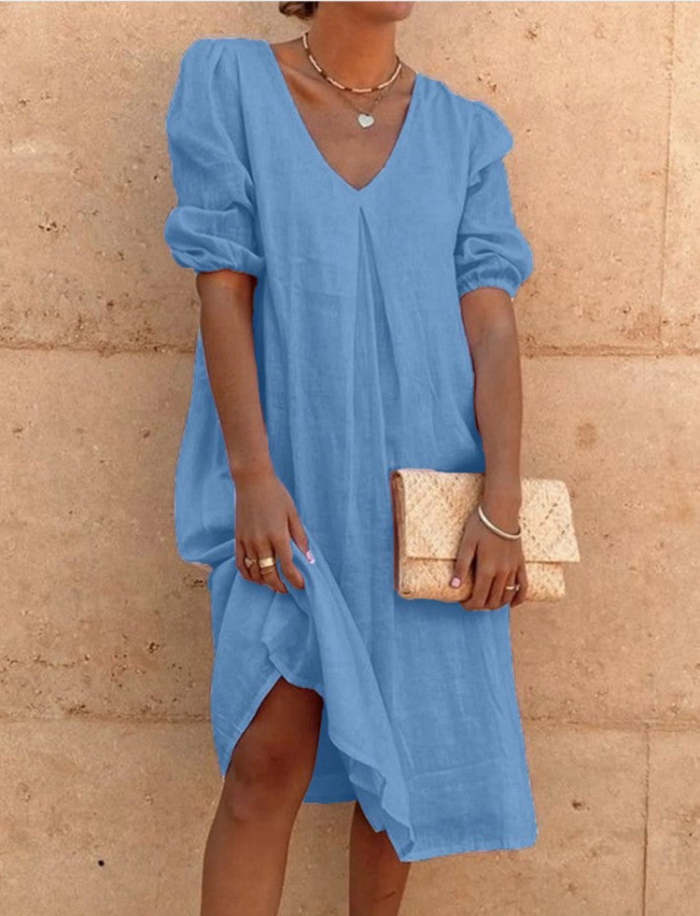 V-neck Casual Linen Shift Dress