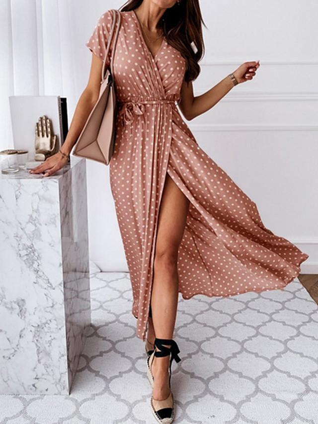 Women's Wrap Dress Maxi Long Dress - Short Sleeve Polka Dot Print Summer V Neck Hot Casual Sexy Black Blue Blushing Pink Dark Green Black Dresses