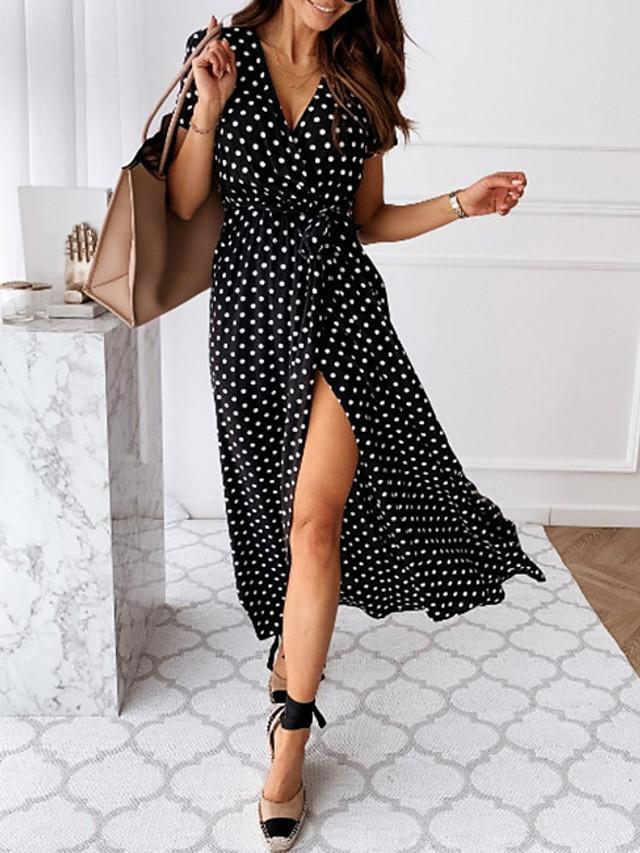 Women's Wrap Dress Maxi Long Dress - Short Sleeve Polka Dot Print Summer V Neck Hot Casual Sexy Black Blue Blushing Pink Dark Green Black Dresses