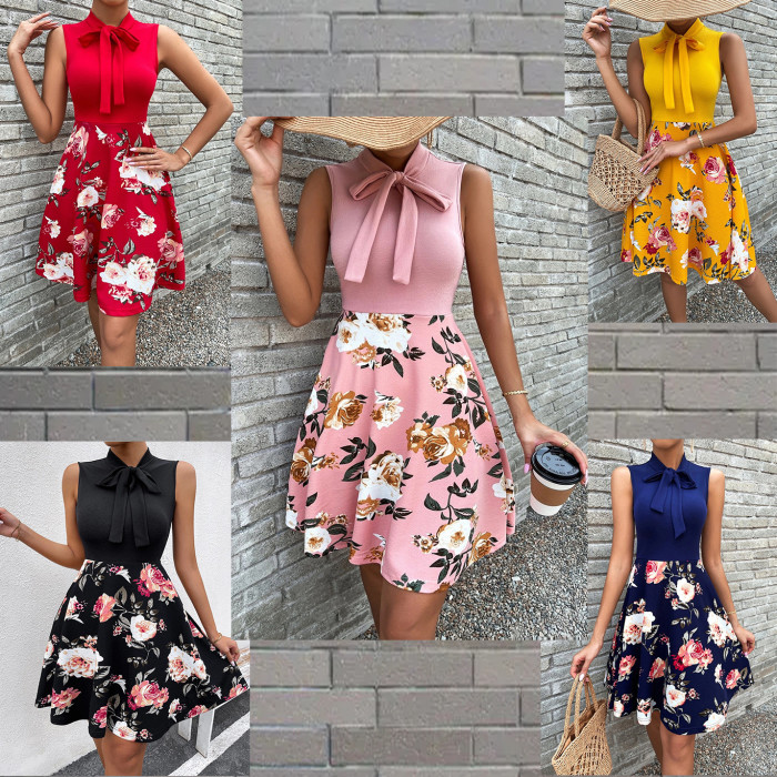 New Printed Short Skirt Bow Tie Dress
