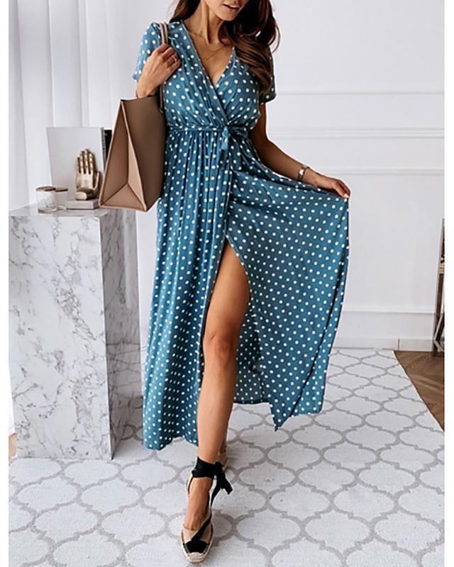 Women's Wrap Dress Maxi Long Dress - Short Sleeve Polka Dot Print Summer V Neck Hot Casual Sexy Black Blue Blushing Pink Dark Green Black Dresses