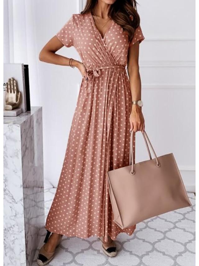 Women's Wrap Dress Maxi Long Dress - Short Sleeve Polka Dot Print Summer V Neck Hot Casual Sexy Black Blue Blushing Pink Dark Green Black Dresses