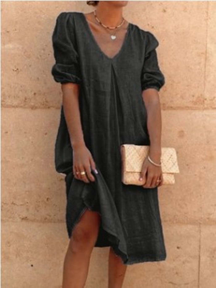 V-neck Casual Linen Shift Dress