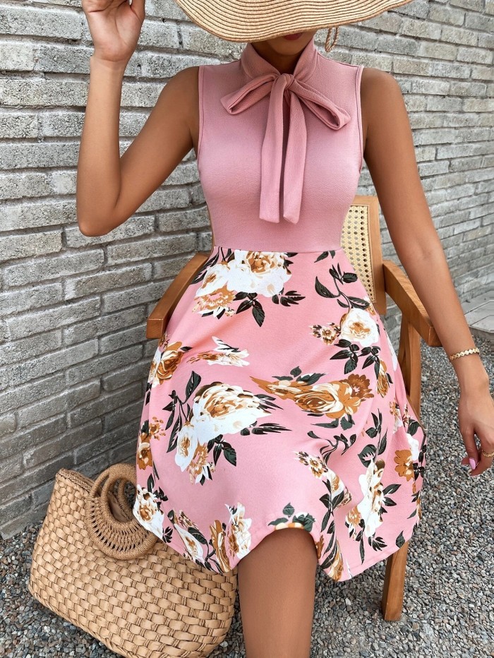 New Printed Short Skirt Bow Tie Dress