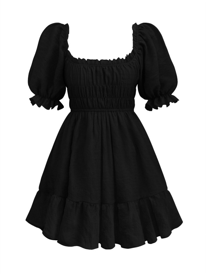 Square Collar Folding Lantern Short Sleeve Dress Summer Princess Dress Black Dresses