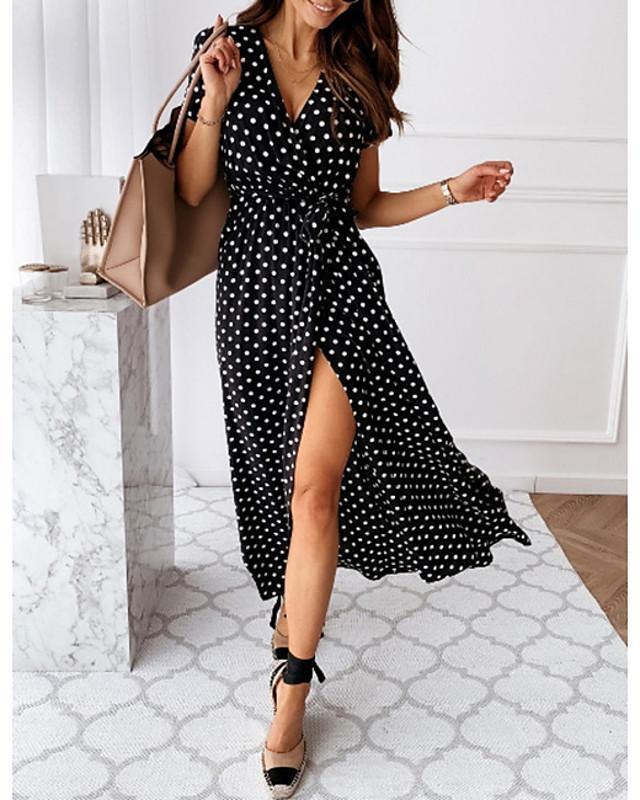 Women's Wrap Dress Maxi Long Dress - Short Sleeve Polka Dot Print Summer V Neck Hot Casual Sexy Black Blue Blushing Pink Dark Green Black Dresses