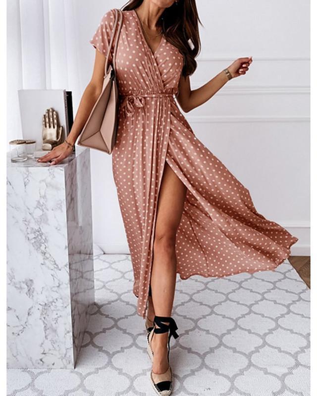 Women's Wrap Dress Maxi Long Dress - Short Sleeve Polka Dot Print Summer V Neck Hot Casual Sexy Black Blue Blushing Pink Dark Green Black Dresses