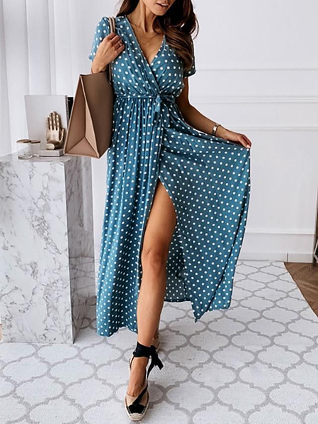 Women's Wrap Dress Maxi Long Dress - Short Sleeve Polka Dot Print Summer V Neck Hot Casual Sexy Black Blue Blushing Pink Dark Green Black Dresses