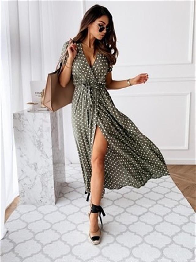 Women's Wrap Dress Maxi Long Dress - Short Sleeve Polka Dot Print Summer V Neck Hot Casual Sexy Black Blue Blushing Pink Dark Green Black Dresses