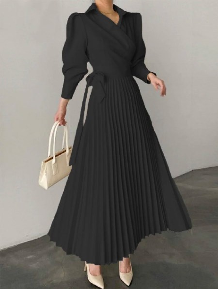 Office Pleated Asymmetric Solid Color Lapel Maxi Dress