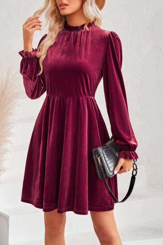High collar velvet waisted lantern sleeve retro dress