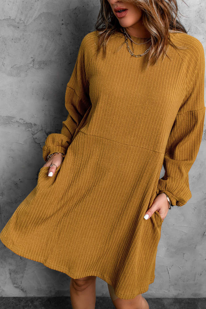 Solid color round neck high waist knitted midi dress