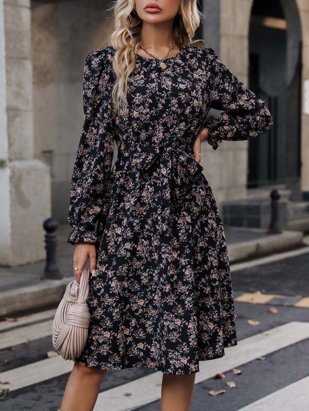 Black long-sleeved V-neck floral dress
