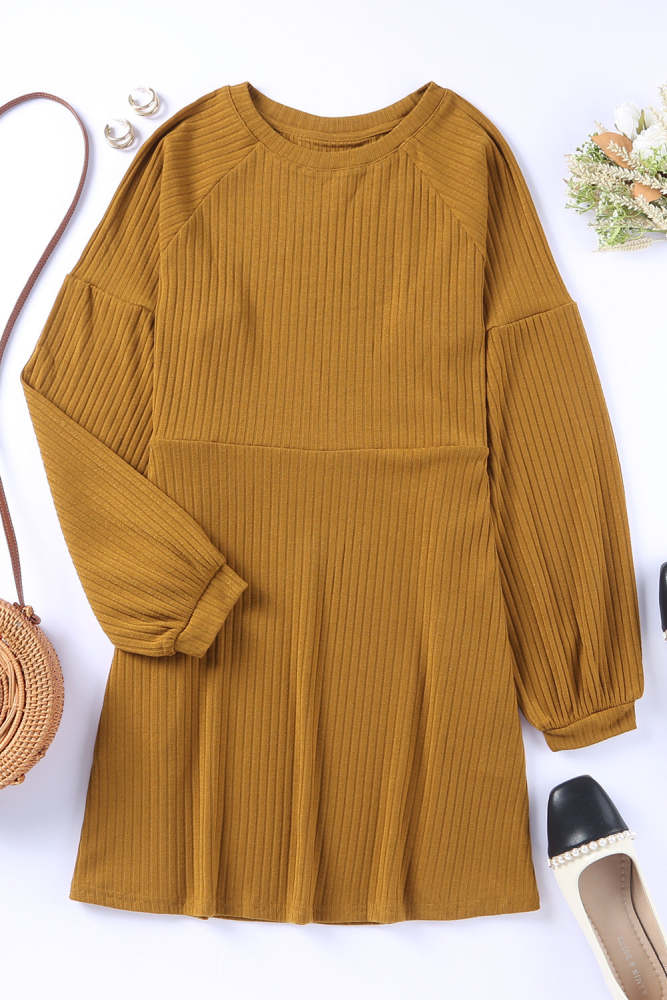 Solid color round neck high waist knitted midi dress
