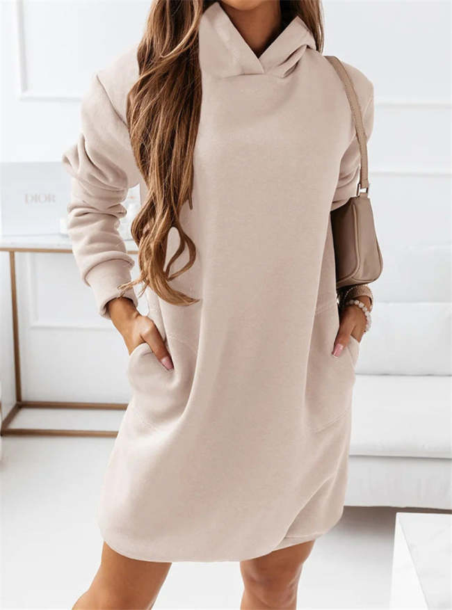 Mid-length pockets hooded sweatshirt dress