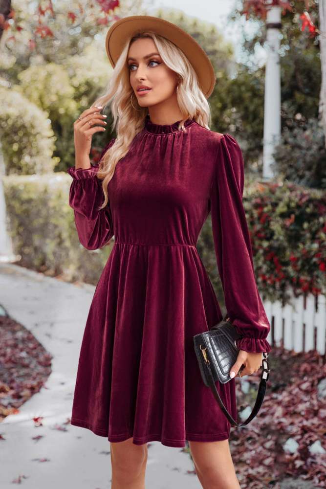 High collar velvet waisted lantern sleeve retro dress