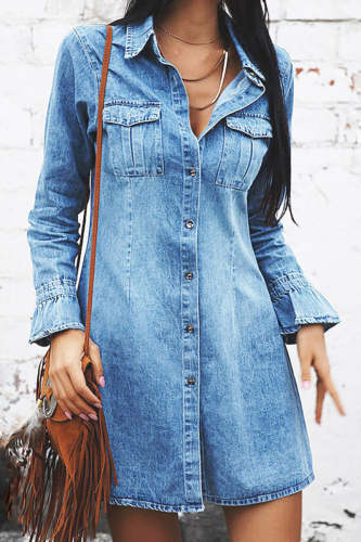 Long sleeve slim fit lapel denim dress