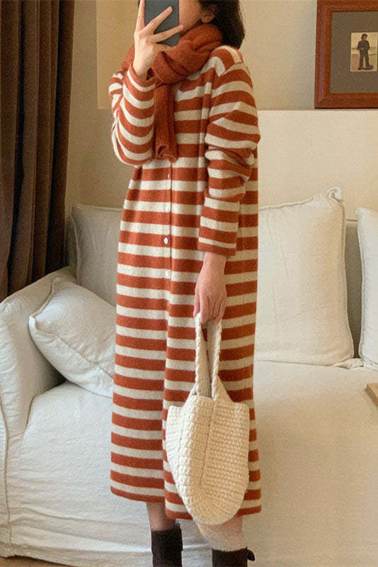 V-neck striped knitted cardigan long dress