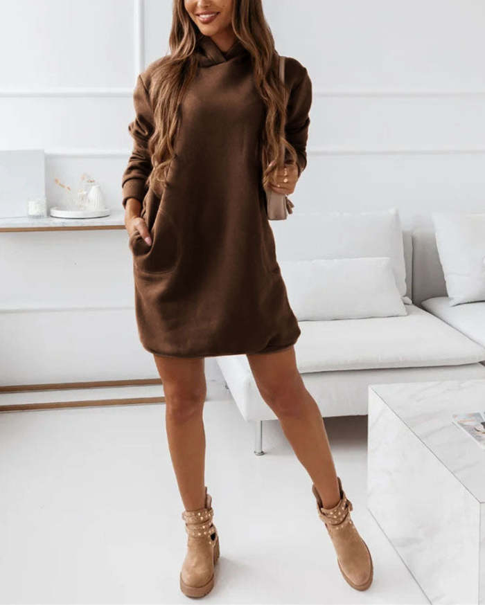 Mid-length pockets hooded sweatshirt dress