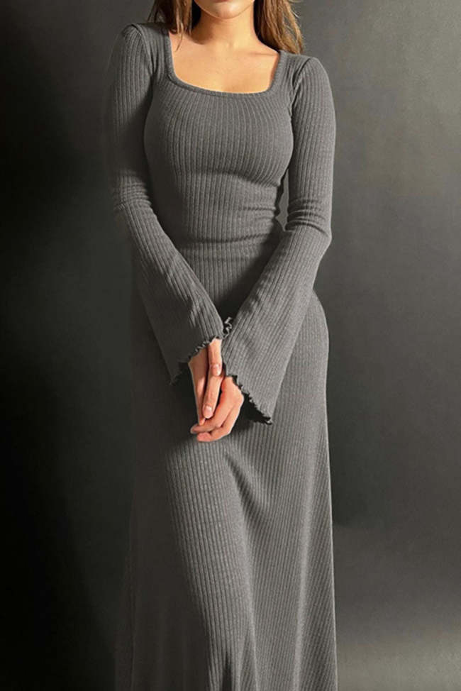 Square neck A-hem long-sleeved knitted dress