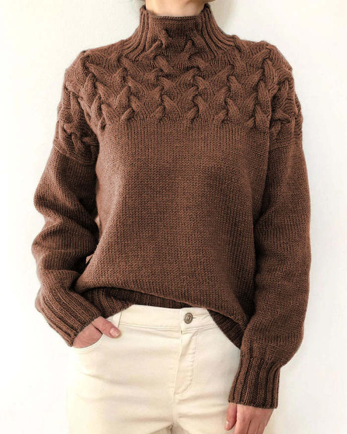 Unique braided turtleneck pullover sweater