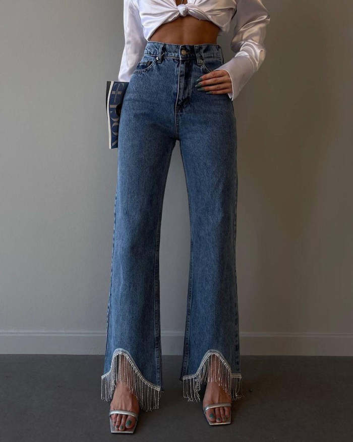 High-Waisted Straight Leg Tassel-Trimmed Hem Jeans