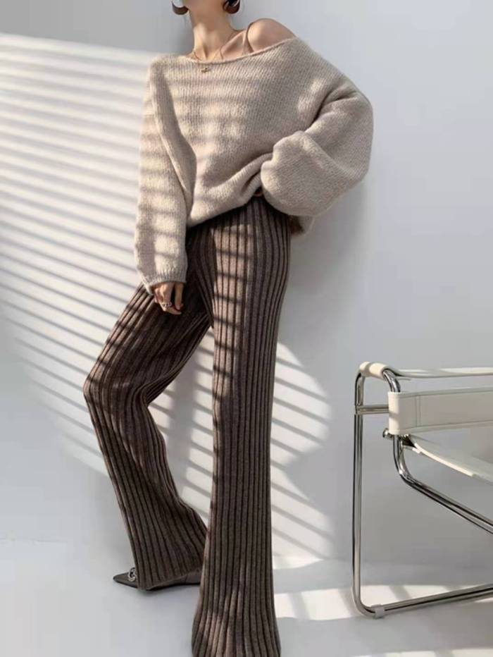 High-waisted draped pitted straight-leg loose knit trousers