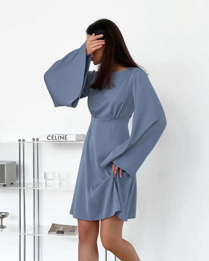 Satin Flared Sleeve Backless Dress