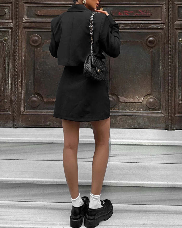 Short Blazer and Pleated A-line Skirt Two-Piece Suit